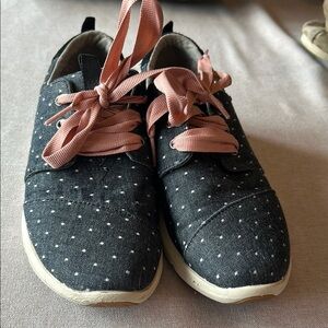 Toms Charcoal Grey and white Polka Dot Flats with pink lace.
